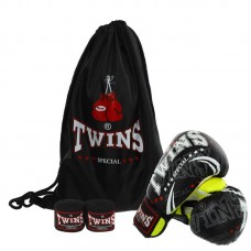 Боксерський набір 3в1 Twins 8 унцій, чорний-салатовий, код: BO-9943_8BKLG Боксерський набір 3в1 Twins 8 унцій, чорний-салатовий, код: BO-9943_8BKLG