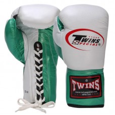 Рукавички професійні боксерські на шнурівці Twins 10 унцій, шкіряні, білий-зелений, код: BO-0279_10G