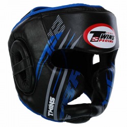 Шолом боксерський з повним захистом шкіряний Twins L, чорний-синій, код: TBS123_LBKBL
