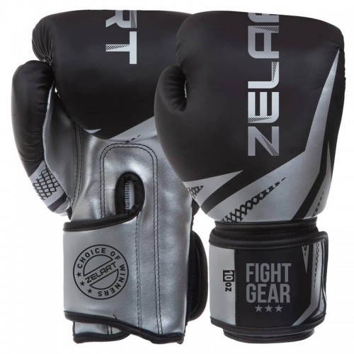 Рукавички боксерські на липучці Zelart 8 унції, чорний-срібний, код: BO-0866_8BKGR Рукавички боксерські на липучці Zelart 8 унції, чорний-срібний, код: BO-0866_8BKGR