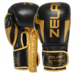 Рукавички боксерські шкіряні Zelart Elite 12oz, чорний-золотий, код: VL-8291_12BKG