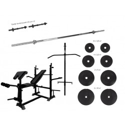 Універсальна лава для жиму WCG 0090 + Тяга + Бруси + Приставка скотта, набір Hard штанга 60 кг, код: wcg-0090+60kg-IF