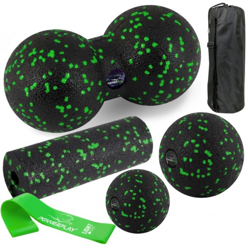 Набір для масажу та йоги PowerPlay EPP (3 м"ячики + валик масажер 15x5,3 см) Green  + резинка 5,5 кг., код: PP_4093_Green