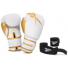 Набір боксерських рукавичок і бинтів Reebok Boxing Gloves & Wraps Set 12 унцій, чорний-золотий, код: 885652018371