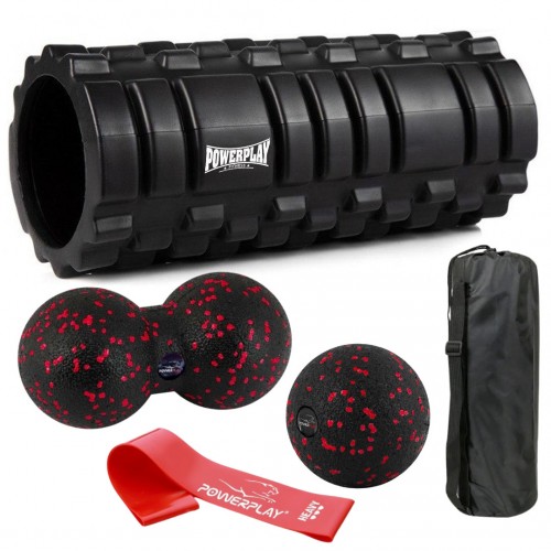 Набір для масажу та йоги PowerPlay (ролик 33x14 см + 2-ва м"ячі) Black + резинка 11 кг., код: PP_4096_Black