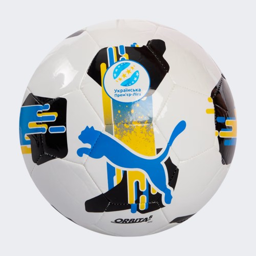 М"яч футбольний Puma Orbita UPL (MS) №4, білий-чорний, жовтий-блакитний, код: 4067982253004