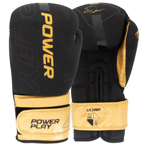 Боксерські рукавиці PowerPlay Ultra Mat 12 унцій, чорний-золотий, код: PP_3024_12oz_Bl/Gold