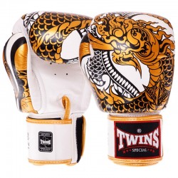 Рукавички боксерські шкіряні Twins Nagas 10 унцій, золотий-білий, код: FBGVL3-52_10YW