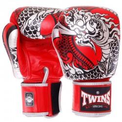 Рукавички боксерські шкіряні Twins Nagas 10 унцій, срібний-червоний, код: FBGVL3-52_10GRR