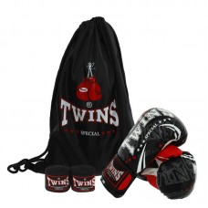 Боксерський набір 3в1 Twins 6 унцій, чорний-червоний, код: BO-9943_6BKR