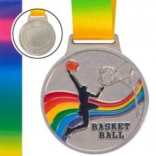 Медаль спортивна зі стрічкою кольорова PlayGame Баскетбол d-65 мм срібна, код: C-0340_S