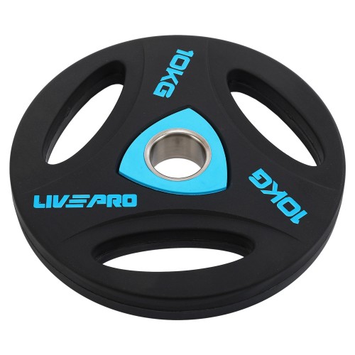 Диски поліуретанові з потрійним хватом та металевою втулкою LiveUp ø51мм, 10кг, чорний, код: LP8020-10