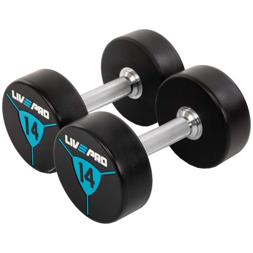 Гантелі цільні професійні з поліуретановим покриттям LiveUp 2х14 кг, чорний-синій, код: LP8000-14