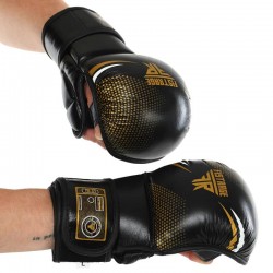 Рукавиці для змішаних єдиноборств шкіряні Fistrage розмір XL, чорний-золотий, код: VL-4158_XLBKG Рукавиці для змішаних єдиноборств шкіряні Fistrage розмір XL, чорний-золотий, код: VL-4158_XLBKG