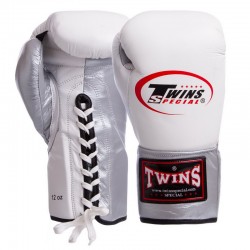 Рукавички професійні боксерські на шнурівці Twins 10 унцій, шкіряні, білий-срібний, код: BO-0279_10GR