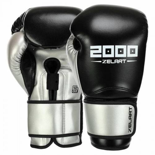 Боксерські рукавиці шкіряні Zelart 12 унцій, чорний-срібний, код: BO-3897_12BK