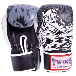 Рукавиці боксерські шкіряні на липучці Twins 12 унцій, чорний-білий, код: VL-2064_12BKW