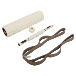 Набір для йоги 4в1 ролер масажер-палиця, м"яч масажний для МФР, стрічка стропа Bloom білий-коричневий, код: LB7104