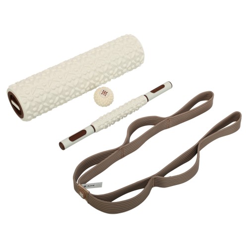 Набір для йоги 4в1 ролер масажер-палиця, м"яч масажний для МФР, стрічка стропа Bloom білий-коричневий, код: LB7104