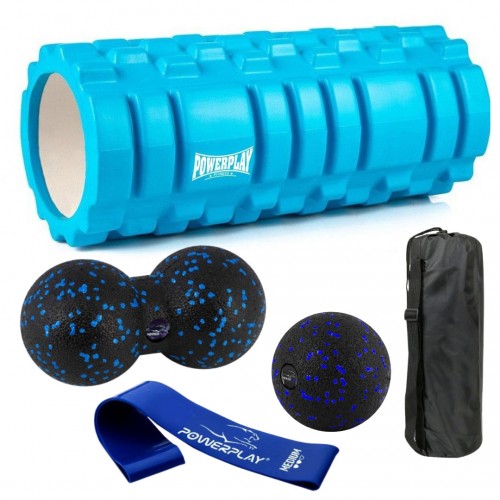 Набір для масажу та йоги PowerPlay (ролик 33x14 см + 2-ва м"ячі) Blue + резинка 7.5 кг., код: PP_4096_Blue
