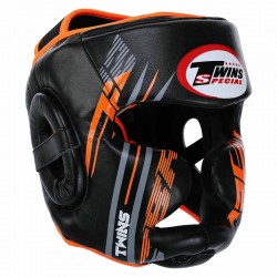 Шолом боксерський з повним захистом шкіряний Twins L, чорний-помаранчевий, код: TBS123_LBKOR