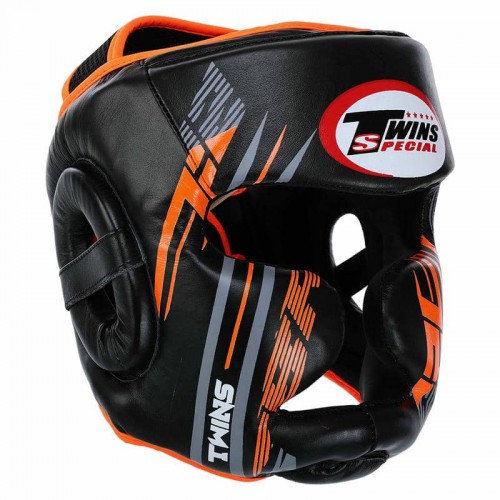 Шолом боксерський з повним захистом шкіряний Twins L, чорний-помаранчевий, код: TBS123_LBKOR