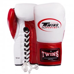 Рукавички професійні боксерські на шнурівці Twins 16 унцій, шкіряні, білий-червоний, код: BO-0279_16R