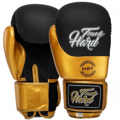 Рукавички шкіряні боксерські Hard Touch 14 унцій, чорний-золотий, код: BO-4439_14BKGO