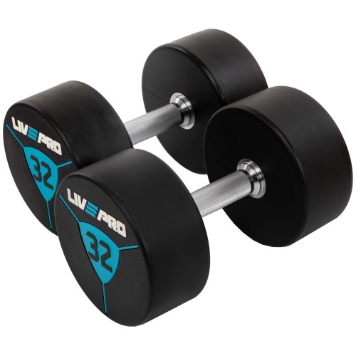 Гантелі цільні професійні з поліуретановим покриттям LiveUp 2х32 кг, чорний-синій, код: LP8000-32