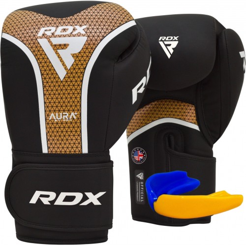 Боксерські рукавиці RDX Aura Plus T-17 12 унцій, чорний-золотий, код: BGR-T17BGL-12OZ+