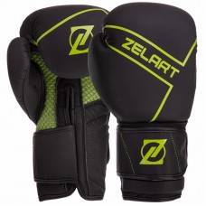 Рукавички боксерські шкіряні на липучці Zelart 12 унцій, чорний-салатовий, код: VL-3149_12BKLG-S52