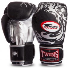 Рукавички боксерські шкіряні Twins Dragon 14 унцій, чорний-срібний, код: TWINS-DRAGON-Rep_14GR