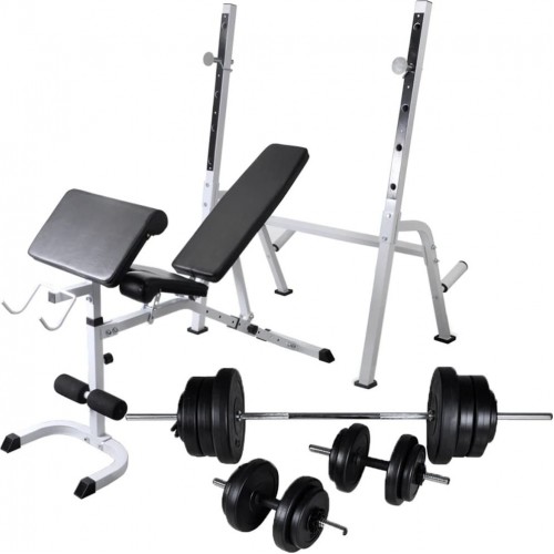 Тренажерна лава зі стійкою vidaXL штангою та гантелями 60,5 кг, код: M-6574933-IN