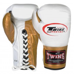 Рукавички професійні боксерські на шнурівці Twins 10 унцій, шкіряні, білий-золотий, код: BO-0279_10Y