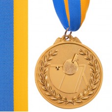 Медаль спортивна зі стрічкою двокольорова PlayGame Настільний теніс золота, код: C-7028_G