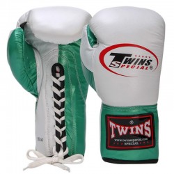 Рукавички професійні боксерські на шнурівці Twins 12 унцій, шкіряні, білий-зелений, код: BO-0279_12G