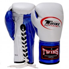 Рукавички професійні боксерські на шнурівці Twins 16 унцій, шкіряні, білий-синій, код: BO-0279_16BL