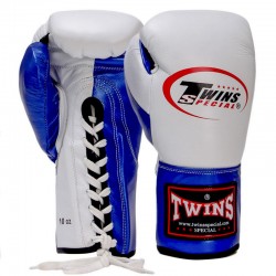 Рукавички професійні боксерські на шнурівці Twins 16 унцій, шкіряні, білий-синій, код: BO-0279_16BL