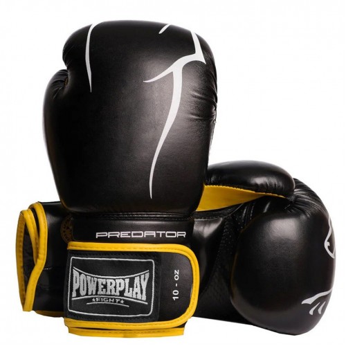 Боксерські рукавиці PowerPlay Jaguar 10 унцій, чорно-жовтий, код: PP_3018_10oz_Black/Yellow