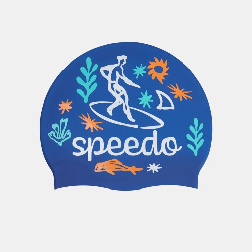 Шапка для плавання дитяча Speedo Slogan PRT Cap JU/JF/JM синій-білий, код: 5059937567389