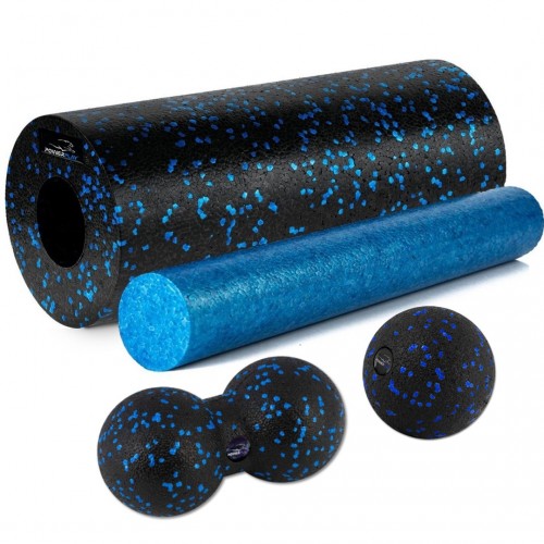 Масажний набір PowerPlay EPP Foam Roller Set 4in1 (2-ва ролика + 2-ва м"ячі), чорний-синій, код: PP_4015_Blue