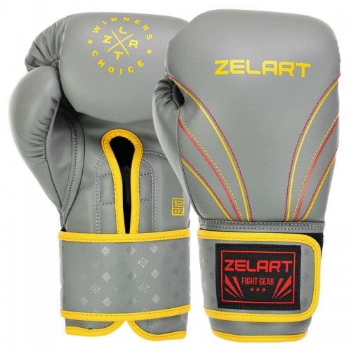 Боксерські рукавиці шкіряні Zelart 10 унцій, сірий-жовтий, код: BO-3843_10GR
