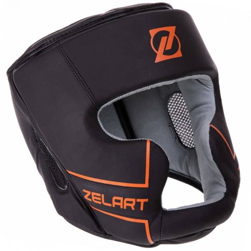 Шолом боксерський з повним захистом шкіряний Zelart XL чорний-помаранчевий, код: VL-3151_XLOR