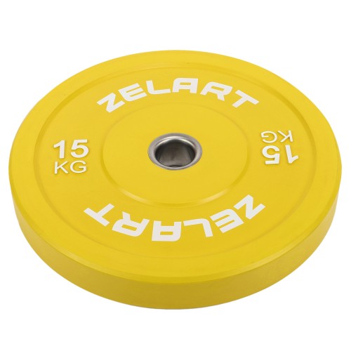 Блини (диски) бамперні для кросфіту гумові Zelart d-52мм, 15кг, жовтий, код: TA-7797-15