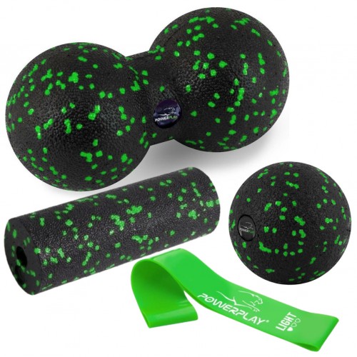 Набір для масажу та йоги PowerPlay EPP (2 м"ячики + валик масажер 15x5,3 см) Green + резинка 5.5 кг., код: PP_4091_Green
