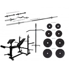 Універсальна лава для жиму WCG 0090 + Тяга + Бруси + Приставка скотта, набір Hard штанга 128 кг, код: wcg-0090+128kg-IF