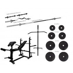 Універсальна лава для жиму WCG 0090 + Тяга + Бруси + Приставка скотта, набір Hard штанга 80 кг, код: wcg-0090+80kg-IF