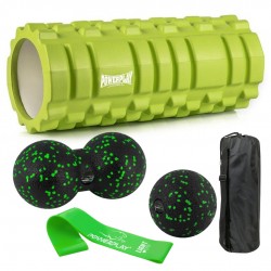Набір для масажу та йоги PowerPlay (ролик 33x14 см + 2-ва м"ячі) Green + резинка 5.5 кг., код: PP_4096_Green