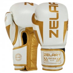 Рукавички боксерські шкіряні Zelart Elite 12oz, білий-золотий, код: VL-8291_12WG