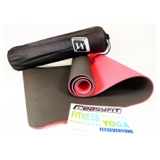 Килимок для йоги та фітнесу EasyFit TPE+TC 6 мм двошаровий + Чохол чорний з червоним, код: EF-1924E-B/R